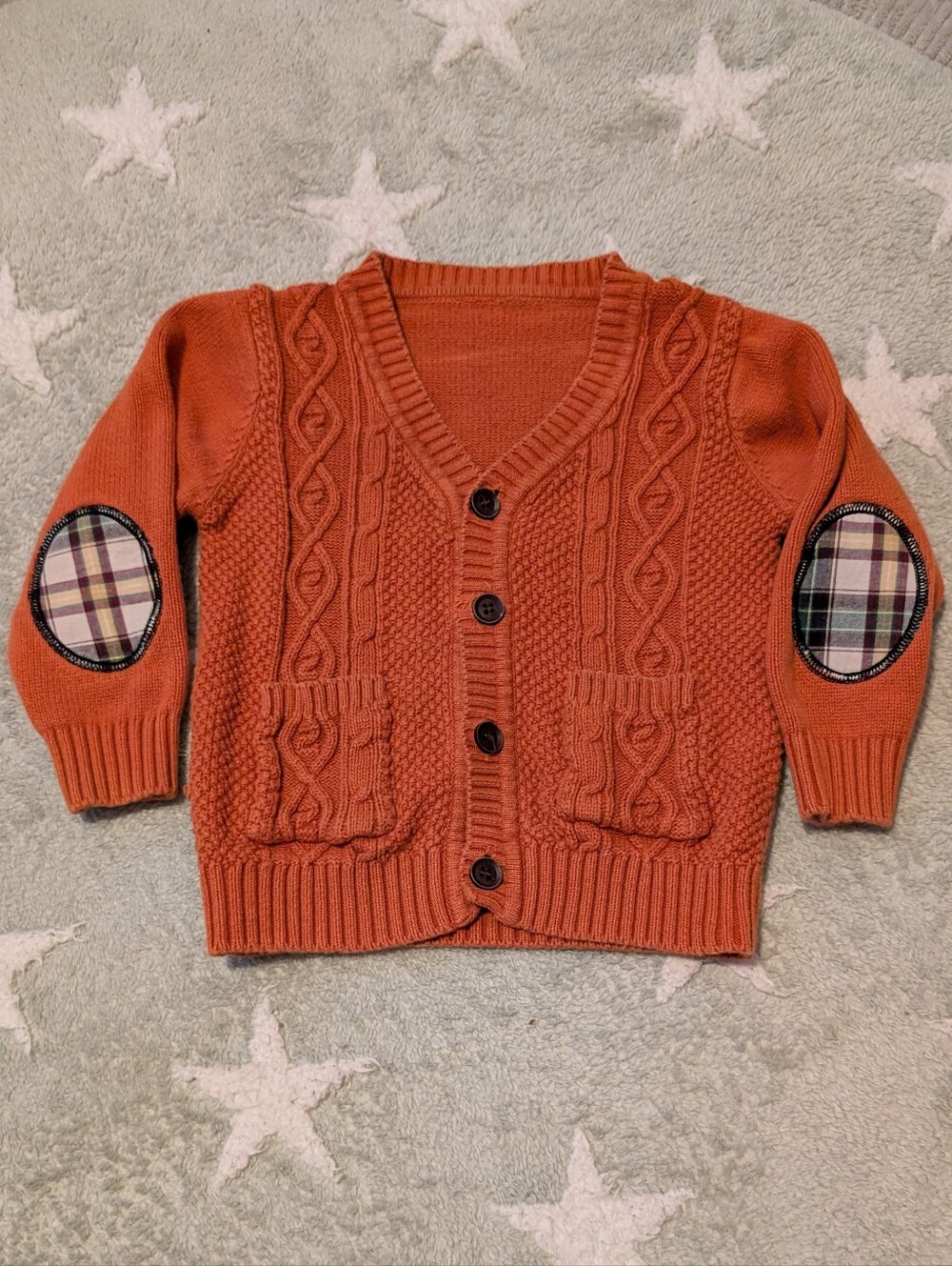 Vintage Rust Orange Cable Knit Cardigan with Plaid Elbow Patches